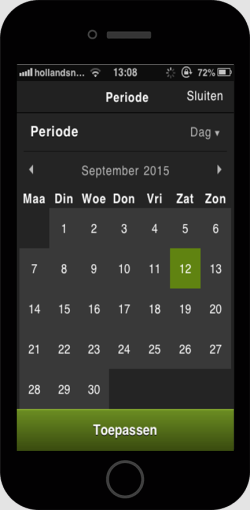 Rapportage op iPhone van ieder gewenste periode. Maak selectie mogelijkheden voor dag, week, maand, kwartaal en jaar. Het Nuvopos kassasysteem